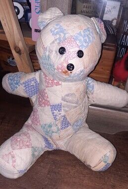 Vintage Patchwork Quilted Teddy Bear with Button Eyes - Soft Pastel Print